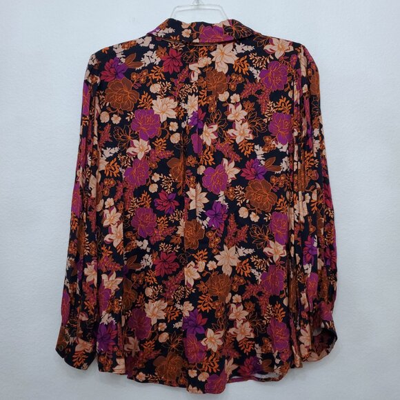 Democracy Dark Floral Print Classic Button Front Preppy Women's Top Size Large - Picture 4 of 16